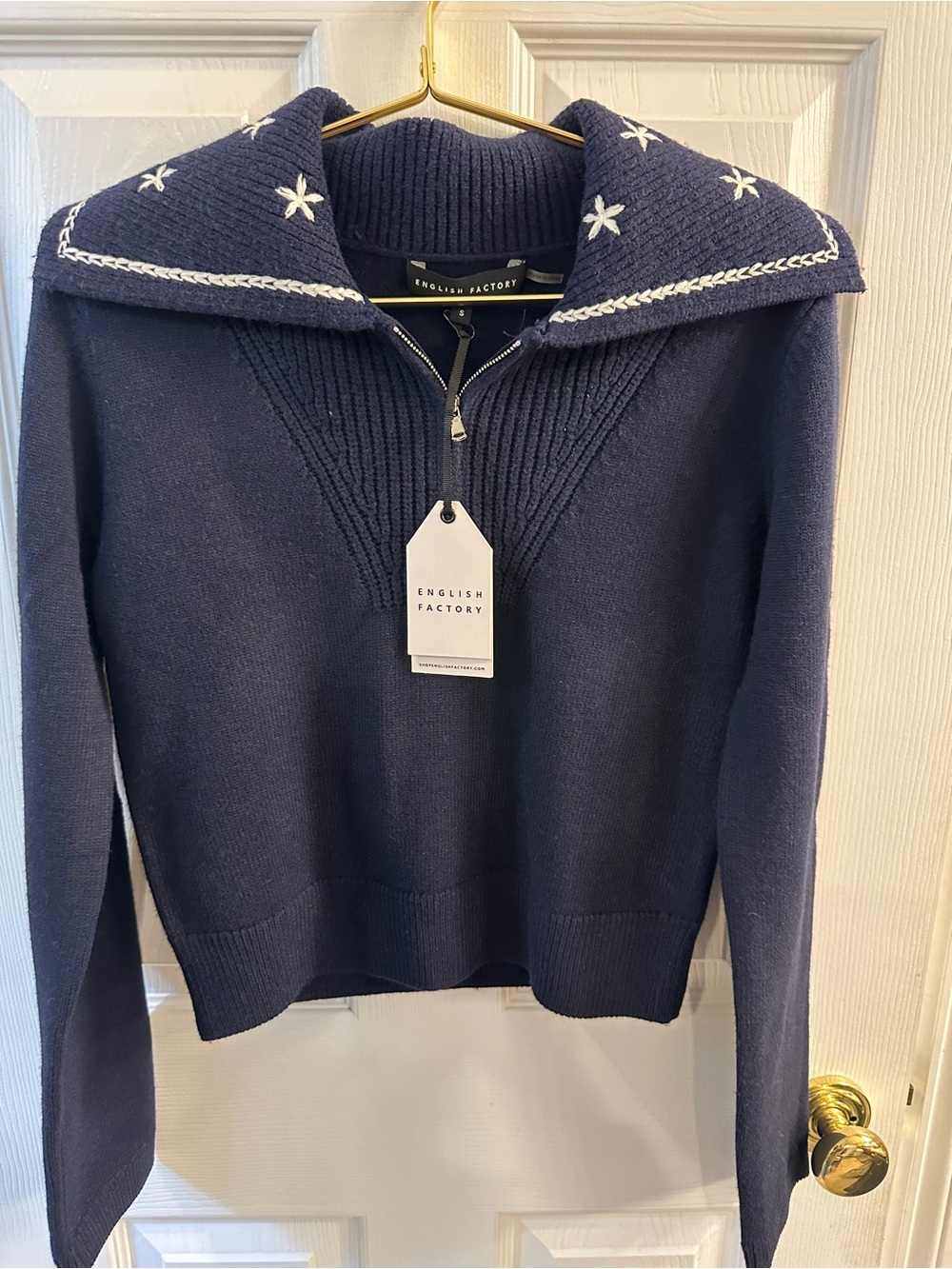 English Factory Navy Zip-Front Sweater with White Star Trim